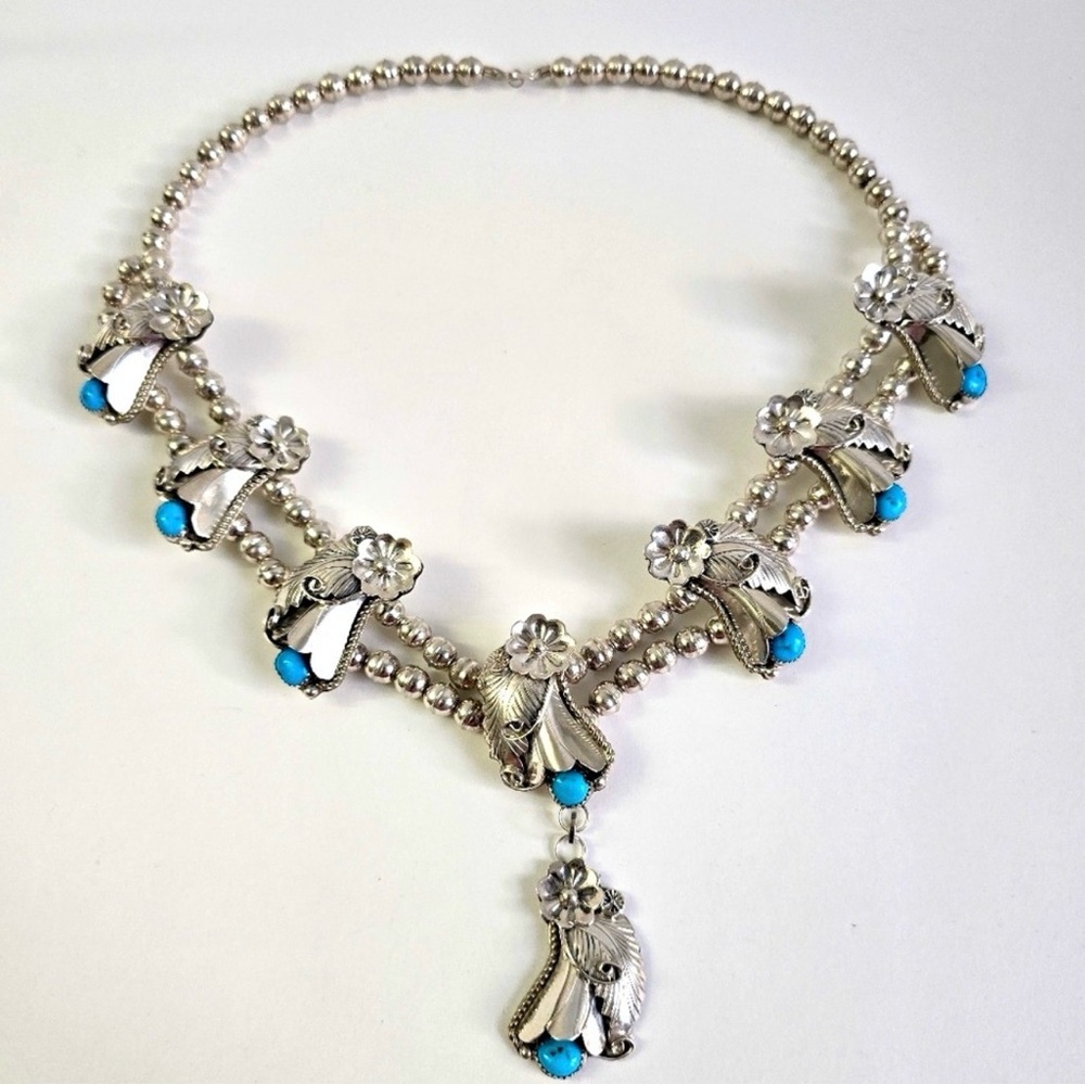 Sterling Silver 925 and Turquoise Floral Squash Blossom Necklace - Picture 10 of 16